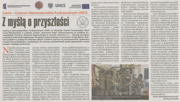 Artykuł o Centrum Nanomateriałów Funkcjonalnych w Dzienniku Gazeta Prawna